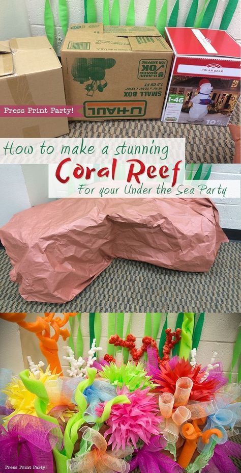 How to Make a Stunning Coral Reef for you Under the Sea Party, Mermaid Party, or VBS. By Press Print Party #OceanCommotion #Underthesea #mermaid Decorations Diy, Coral, Under The Sea Party, Under The Sea Decorations, Ocean Party, Coral Reef Craft, Under The Sea Theme, Ocean Vbs Decorations, Mermaid Float
