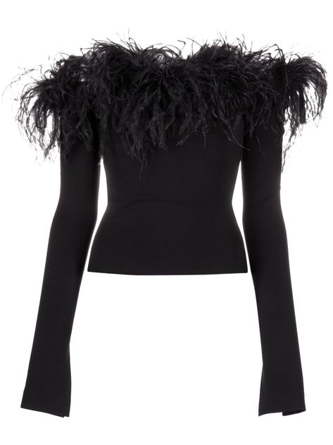 feather-trimmed off-shoulder top from 16ARLINGTON featuring black, feather-trim detailing, off-shoulder, long sleeves, split cuffs, flared cuffs and straight hem. Crochet, Jeans, Tops, K Pop, Outfits, Feather Top Outfit, Black Tops, Off Shoulder Tops, Shoulder Shirts