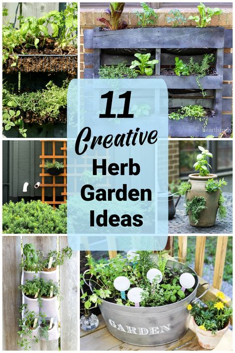 Collage of DIY herb gardens for small spaces. Diy Herb Planter Outdoor, Herb Planters Outdoor, Herb Garden Boxes, Indoor Herb Garden Diy, Diy Herb Garden, Outdoor Herb Garden, Herb Garden In Kitchen, Herb Garden Planter, Small Herb Gardens