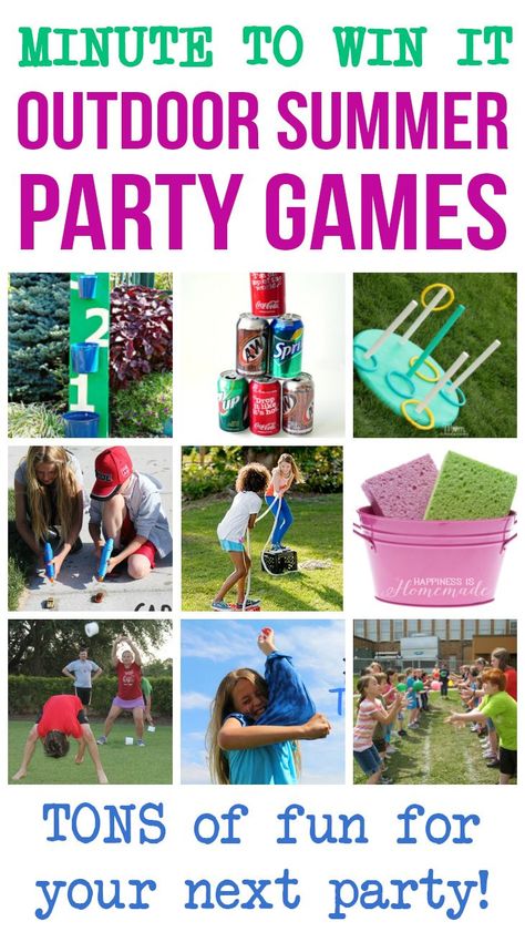 Minute to Win It Outdoor Summer Party Games -  These fun (and funny!) Minute to Win It Games are perfect for your next outdoor summer block party, bbq, family reunion, or backyard bash! Great for all ages! - Happiness is Homemade Pre K, Outdoor Games, Fun Party Games, Minute To Win It Games, Summer Party Games, Outdoor Party Games, Party Games, Adult Party Games, Games For Teens