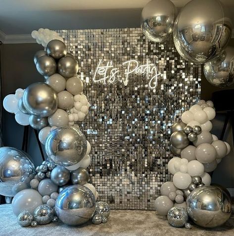 Silver Glitter Party Decor, Silver And Gold Backdrop, Silver Backdrop With Balloons, Glitter Backdrop Ideas, Silver And White Birthday Theme, Silver Sequin Wall Backdrop, 25th Wedding Anniversary Backdrop, Silver Backdrop Birthday, Silver And Gold Party Decorations