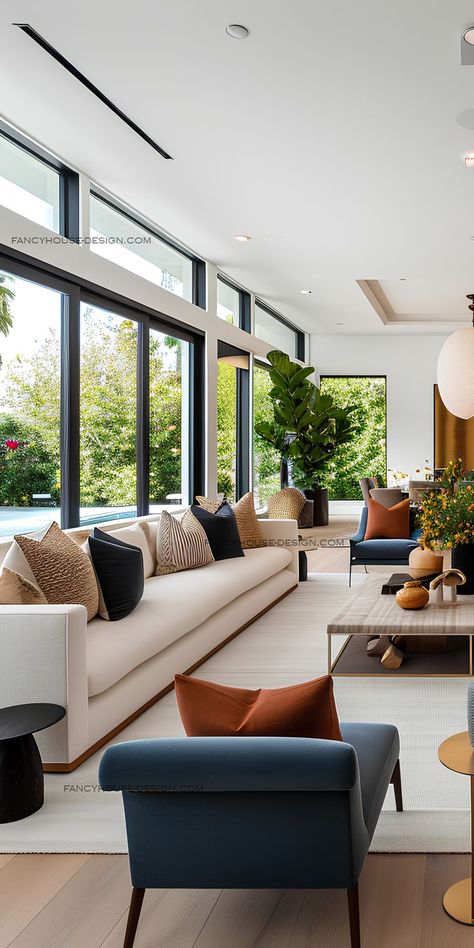 This contemporary living room interior design embraces minimalist aesthetics with a neutral color palette, offering modern living spaces with clean lines and functional furniture.