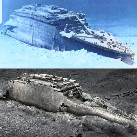 The Titanic wreck. Top painting by Ken Marschall as the wreck appeared in 1986 and in 2022 side scan 3D by Atlantic Productions and Magellan. Southampton, Titanic Wreck, Boat, Cool Boats, Marine, Abandoned Ships, Ocean, Century, Atlantic Ocean
