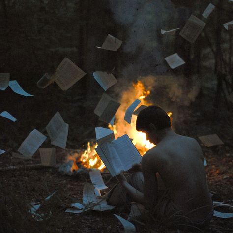 The book burning - guy tossing up book pages - fire - outside - burn - campfire - ground - shirtless - forest Films, Books, Marvel, Harry Potter, Alaska, Roy Mustang, Wattpad, Stoddard, Fire