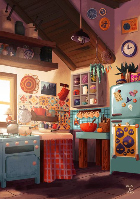 ArtStation - The Kitchen, Nathasha Padrón Animation, Design, Concept Art, Environment Concept Art, Kitchen Drawing Cartoon, Kitchen Drawing, Isometric Art, Kitchen Cartoon, Digital Art Illustration