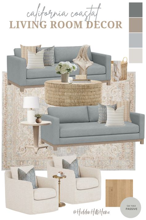 California coastal living room mood board with blue gray sofas paired with cream accent chairs Design, Casual Chic, Bedroom, Florida, تصميم داخلي, Apartment, Mood Board, Cottage, Modern Coastal