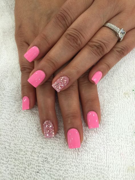 Design, Tattoos, Instagram, Glitter Accent Nails, Calgel Nails, Bright Pink Nails With Glitter, Bright Gel Nails, Pink Sparkle Nails, Acrylic Nail Salon
