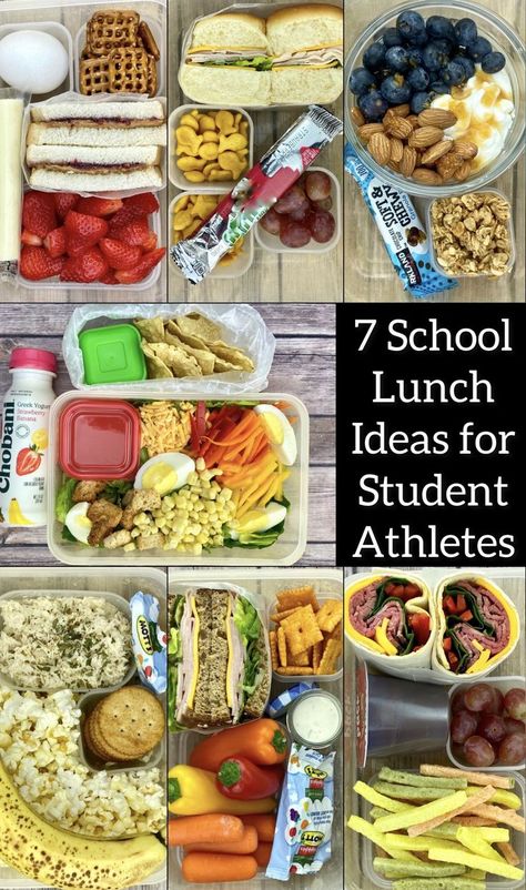 This is a photo of the 7 different school lunch ideas described in the article or post. Healthy Recipes, Nutrition, Bento, Healthy School Lunches, Protein Lunch, High Protein Lunch Ideas, School Lunch Recipes, Lunch Snacks, Kids Meals