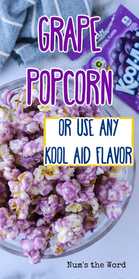 Introducing Kool Aid Popcorn, your new favorite treat! This unique, colorful, and flavorful popcorn recipe is perfect for a fun movie night, birthday parties, or just a delightful snack. #numstheword #koolaidpopcorn #kool-aidpopcorn #koolaidflavoredpopcorn #koolaidpopcornrecipe #bibblesnack #bibblefood #bibblepopcorn #rainbowcoatedcoloredpopcorn #coloringpopcornwithkoolaid #koolaidcandypopcorn #candypopcorn #candypopcorn #watermelongpopcorn #grapepopcorn #bluekoolaidpopcorn Snacks, Kool Aid Popcorn Recipe, Kool Aid Popcorn, Kool Aid Flavors, Popcorn Recipes, Kool Aid, Chex Mix, Cereal Snacks, Yummy Food