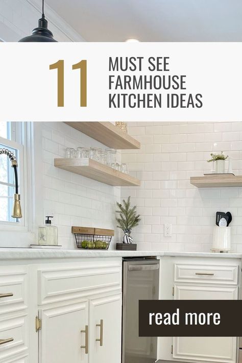 white kitchen cabinets with gold hardware, stainless steel appliances, floating shelving Cabinets, Design, Ideas, Hardware, Modern Farmhouse, Farmhouse Sink Kitchen, Kitchen Remodel, Farmhouse Sink, Modern Farmhouse Kitchens