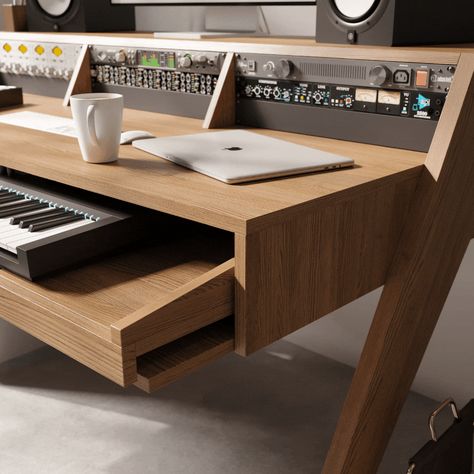 Home, Studio, Design, Home Décor, Desk With Keyboard Tray, Drawer Slides, Music Studio Desk, Desk With Drawers, Home Recording Studio