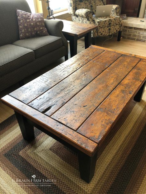 Perfectly imperfect, this reclaimed barn wood coffee table adds style to nearly any type of decor. Custom handcrafted using reclaimed barn wood, in the heart of Amish country, Lancaster County, Pennsylvania - www.braunfarmtables.com Sofas, Reclaimed Wood Coffee Table, Rustic Wooden Coffee Table, Rustic Wood Coffee Table, Wood Coffee Table Rustic, Reclaimed Coffee Table, Barnwood Coffee Table, Reclaimed Wood Furniture, Wooden Coffee Tables