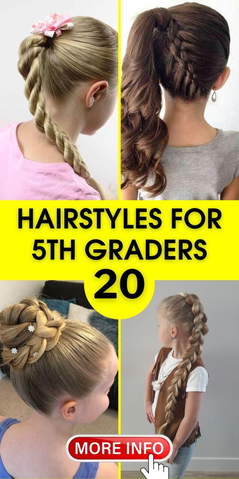 Dive into the world of braided hairstyles for 5th graders. These braids range from simple three-strand styles to more intricate designs, all of which are perfect for young girls looking for a bit of flair in their daily look. Braided Hairstyles, Plaited Ponytail, Braids For Kids, Childrens Hairstyles, Braided Ponytail, Easy Hairdos, Bow Bun, Pigtail Braids, Twist Bun