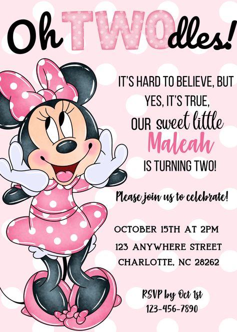 Oh TWOdles! Minnie Mouse birthday invitation Template Canva 5 - Payhip Minnie Mouse, Minnie Mouse Party, Minnie Mouse Birthday Invitations, Minnie Mouse Theme Party, Minnie Mouse Invitation, Minnie Mouse 1st Birthday, Minnie Mouse Birthday Party, Minnie Mouse Birthday Theme, Minnie Birthday Invitations