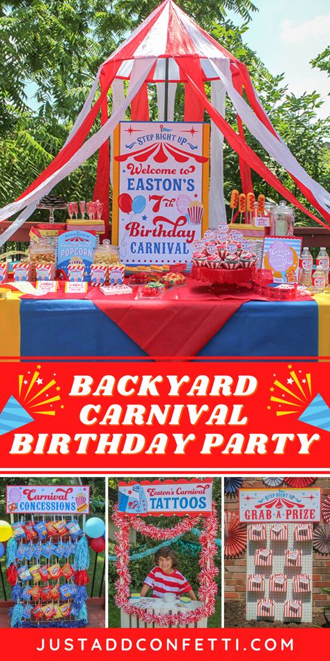 Carnival Birthday Party Games, Kids Carnival Birthday Party, Carnival Themed Birthday Party, Carnival Birthday Party Theme, Carnival Birthday Party Invitations, Circus Party Foods, Carnival Themed Party, Carnival Birthday Parties, Circus Birthday Party Theme