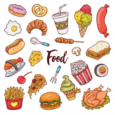Hand drawn set of color food doodles | Premium Vector #Freepik #vector #food #hand #cartoon #hand-drawn Kawaii, Illustrators, Doodle Art, Doodle, Doodles, Inspiration, Food Art, Food Illustration Design, Food Clipart
