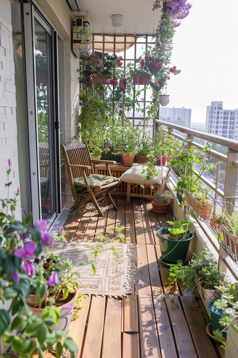 Sunlit narrow balcony lush with vibrant plants, featuring comfy seating and decorative blooms, embodying inspiring small balcony garden ideas. Small Balcony Herb Garden, Balcony Garden Ideas Indian, Ritika Core, Small Balcony Decor Indian, Balcony Reading Nook, Balcony Garden Ideas Apartment, Balcony Plants Ideas, Thailand Apartment, Apartment Garden Balcony