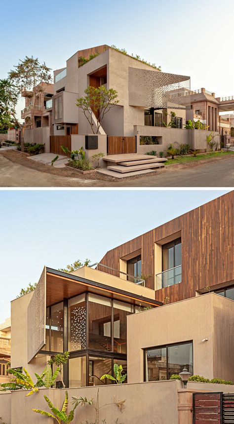 To Create Privacy For This New House, The Architects Used A Combination Of Screens And Courtyards | CONTEMPORIST Residential Architecture, Modern Architecture, House Design, Modern House Design, Architecture, Villa Exterior Design, Building Facade, Architecture House, Facade Design