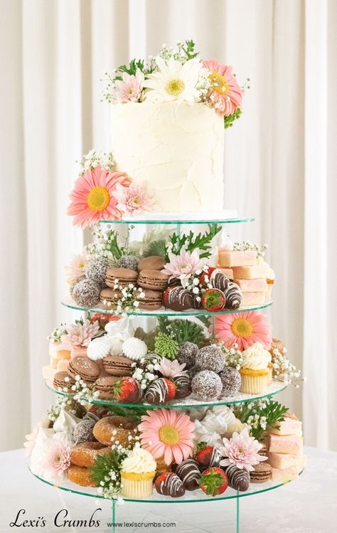 TreatTowerWeddingCake_LexisCrumbs Diy Wedding Cake, Cake, Wedding Cupcakes, Wedding Cake Stands, Wedding Cake Display, Wedding Cake Table, Wedding Dessert Stand, Wedding Treats Table, Wedding Dessert Table