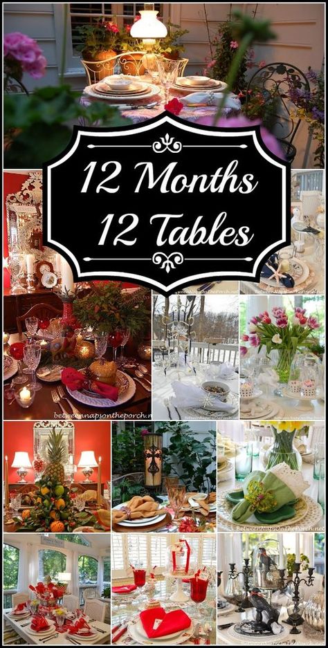 12 Table Settings, One for Each Month of the Year | Between Naps on the Porch Home Décor, Decoration, Holiday Tables, Table Decorations, Table For 12, Holiday Decor, Beautiful Table Settings, Table, Farmhouse Side Table
