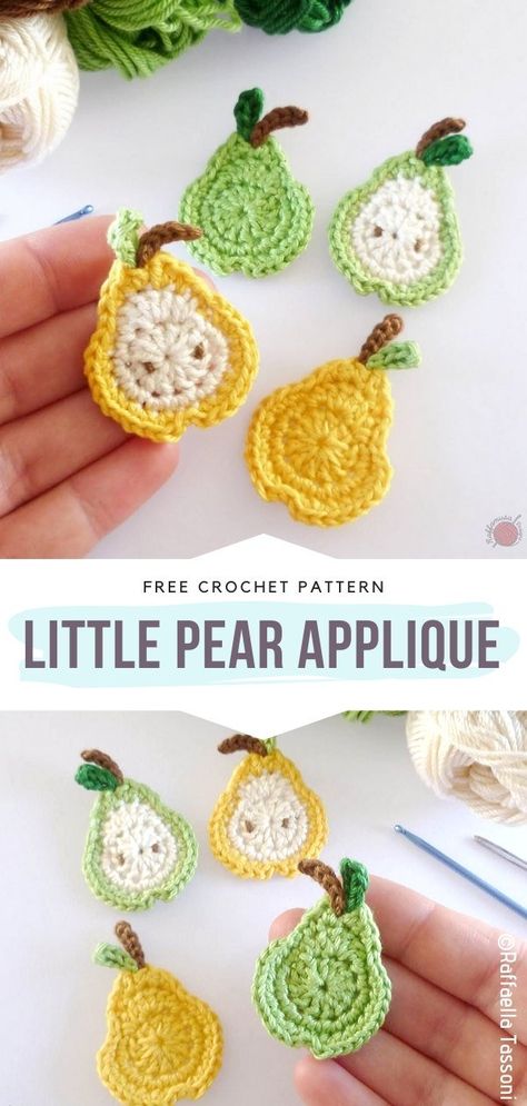 Little Pear Applique Free Crochet Pattern What a precious little applique! It looks as sweet as the pears taste. If you're trying to add spring vibes and fresh charm to your projects, try decorating them with these tiny ornaments. #crochetfruit #crochetpear #crochetapplique #freecrochetpattern Crochet, Crochet Patterns, Amigurumi Patterns, Crochet Fruit, Crochet Bunny, Crochet Applique Patterns Free, Easter Crochet Patterns, Free Crochet Pattern, Crochet Sloth