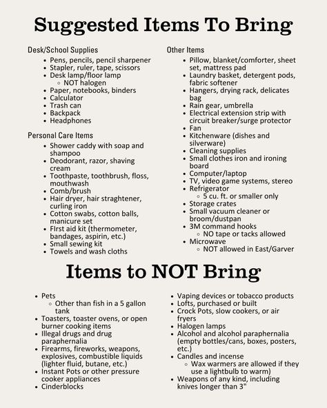 Here's a list of the do's and don'ts for college dorms #Dormessentials Collage, College Dorm Essentials, Art, Trips, College Dorm Supplies List, College Dorm Checklist, Dorm Packing Lists, College Dorm List, College Dorm Room Essentials