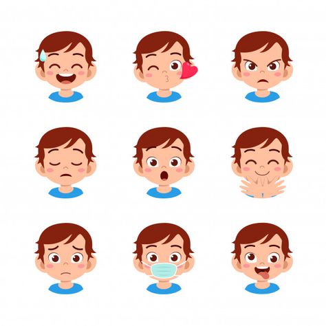 Cute boy with different face expressions... | Premium Vector #Freepik #vector #people #heart #love #character Illustrators, Kids, Cartoon, Child Smile, Cartoon Drawings, Emoticon, Kids Laughing, Boy Character
