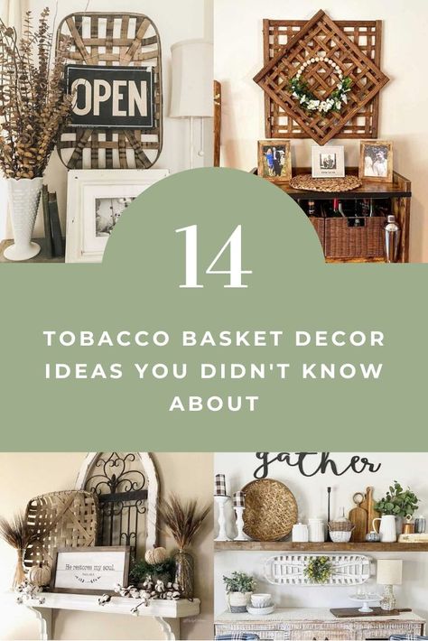 Tobacco baskets can be used in many creative ways in order to bring that farmhouse decor feeling to any part of your house. #tobaccobasket #tobaccobasketdecor #farmhousedecor #shelfdecor #coffeetablecenterpiece #farmhouse #rusticdecor #homedecor #basketdecor #basketwall #basketwalldecor #tobaccobasketwithwreath #farmhousesign #tobaccobasketwalldecor Decoration, Crafts, Design, Country, Farmhouse Basket Decor, Decorating With Baskets Farmhouse Style, Farmhouse Basket Walls, Farmhouse Basket Wall, Farmhouse Baskets