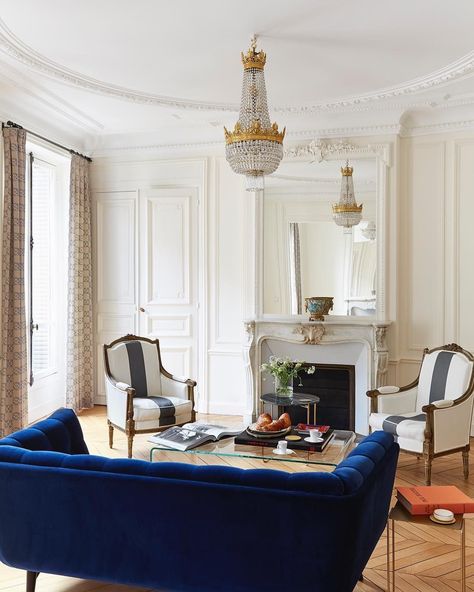 Parisian living room decor with blue velvet sofa and crystal chandelier via @abkasha Interior, Home, Dining, Parisian Decor Living Room, Parisian Room, Parisian Decor, Paris Living Rooms, Elegant Living Room, Interieur