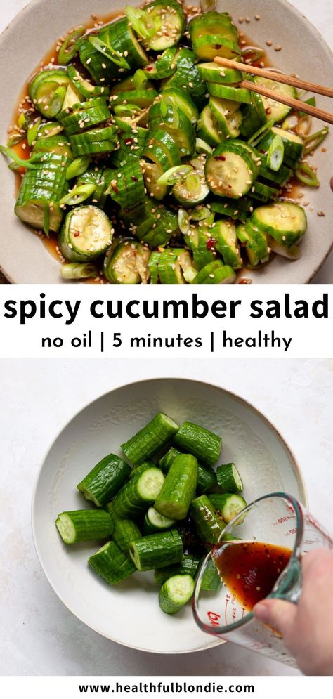 This Asian-inspired spicy cucumber salad recipe is light, refreshing, and healthy. It's packed with fresh ingredients like crisp accordion cucumbers, green onion, soy sauce, red chili flakes, garlic, and sesame oil. The perfect 5-minute side dish, appetizer, and snack! Salad Recipes, Snacks, Healthy Recipes, Spicy Cucumber Salad, Cucumber Recipes Salad, Cucumber Salad, Spicy Salad, Greens Recipe, Healthy Side Dishes