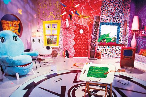 The Memphis Design Movement Is Having a Moment. Set of Pee-wee's Playhouse, inspired by Memphis Milano #memphis #memphismilano #memphisgroup #memphisdesign #80sfurniture #popart #postmodern #italiandesign #ettoresottsass Films, Inspiration, Interior, Home, Design, Film, Playhouse, Pee Wee's Playhouse, Playhouse Interior