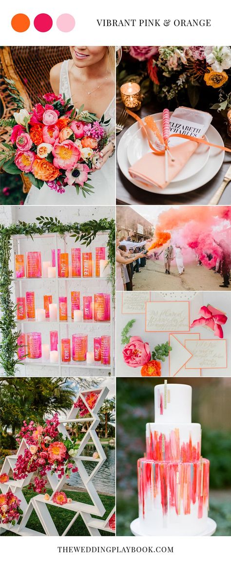 Wedding Decor, Orange Wedding Themes, Coral Pink Wedding Theme, Bright Wedding Colors, Orange And Pink Wedding, Pink Wedding Colors, Fuchsia Wedding Theme, Pink Wedding Theme, Orange Wedding