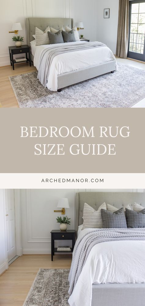 Finding a rug that fits your bedroom space can be confusing and somewhat tricky. If you're like us, we are visual people and need to see how each rug size looks under a queen bed before we buy. Since you can't buy them all, we are providing you with some things to consider along with visual guides! Inspiration, Interior, Queen, Bedroom Rug Placement Queen, Bedroom Rug Placement King, Rug Placement Bedroom King Bed, Queen Bed Rug Placement, Bedroom Rug Size, Rug Under Queen Bed