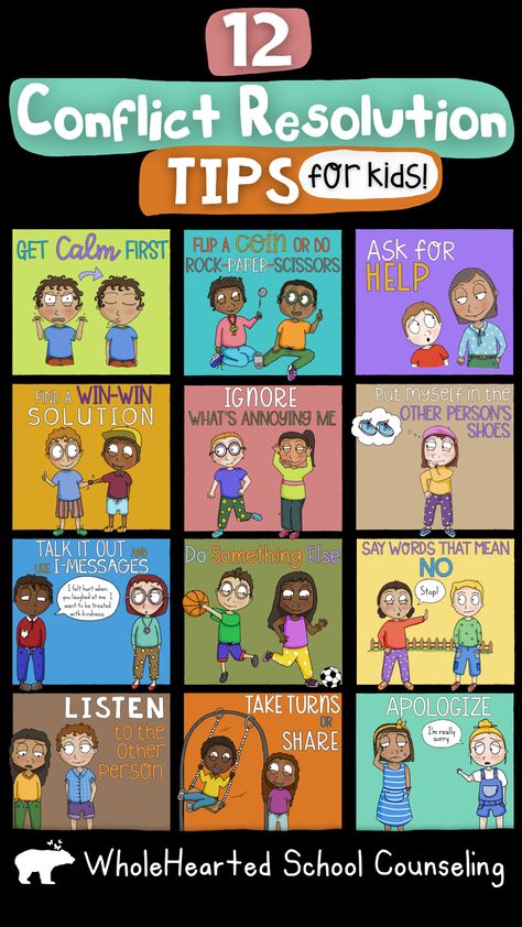 Poster of 12 conflict resolution tips for kids. Coping Skills, School Counsellor, Counselling Activities, Rules For Kids, Group Counseling Activities, Counseling Activities, School Counseling Lessons, Social Emotional Learning, School Counselor