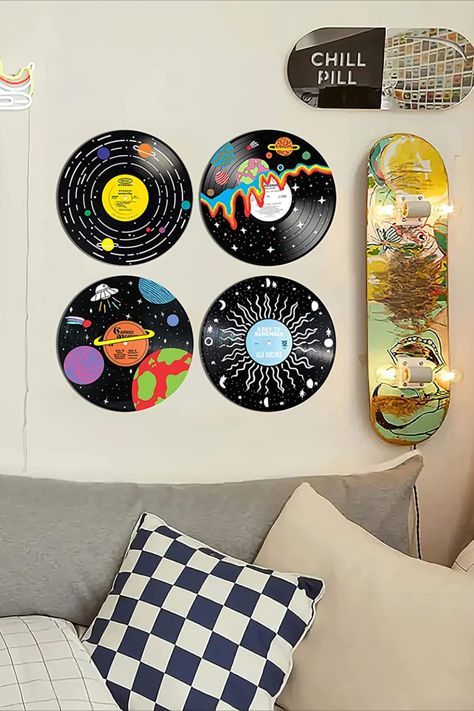 Pack 4 of 11.4" galaxy records for wall aesthetic are printed decals on PVC lightweight backerboard easily hanging anywhere. Best gift for birthday, christmas, party decoration, teen room decor The records for wall are printed in high resolution with UV fade-resistant ink, waterproof lamination and durable No hardness for installing record wall decor with 4 simple steps: unbox, use double-sided tape on back, stick on the place you like, time to chill Art, Decoration, Vintage, Diy, Rooms Home Decor, Teen Room Décor, Inspo, Girl Room, Resim
