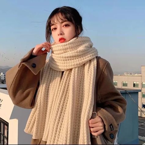 Korean Winter Scarf Collection: Long and Thermal Scarves Winter Outfits, Woolen Scarves, Woolen, Winter Scarf, Winter Knits, Scarf Accessory, Knit Scarf, Knitted Scarf, Scarf Styles