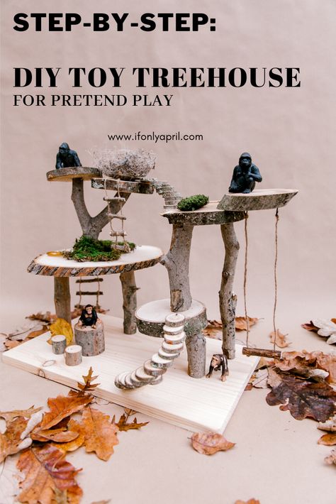 Diy Wooden Treehouse Toy, Nature Pretend Play, Diy Toy Treehouse, Treehouse Dollhouse Diy, Diy Wood Treehouse Toy, Wood Treehouse Toy, Diy Treehouse Dollhouse, Toys To Make, Diy Treehouse For Kids