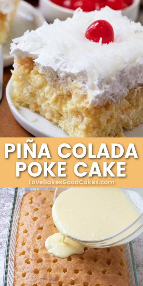 Essen, Dessert Recipes Coconut, Pina Colada Poke Cake, Lemon Poke Cake, Cake Poke, Cake Pineapple, Coconut Poke Cakes, Pina Colada Cake, Pineapple Dessert Recipes
