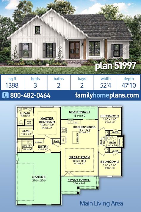 Country, Farmhouse, Southern, Traditional House Plan 51997 with 3 Beds, 2 Baths, 2 Car Garage Modern Farmhouse, 1500 Sq Ft House Plans Farmhouse, House Plans One Story, 3 Bedroom Home Floor Plans, Small House Floor Plans, Affordable House Plans, Country House Plans, Country Style House Plans, Country House Plan