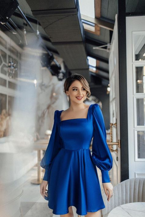 Most beautiful Blue Satin Long Sleeve Mini Dress for New Year Outfit |Luxury Fashion Trends Flare Dress, Blue Satin Dress Short, Long Sleeve Satin Dress, Satin Mini Dress, Satin Dresses, Short Satin Dress, Royal Blue Dress Outfit, Long Sleeve Mini Dress, Satin Dress Outfit