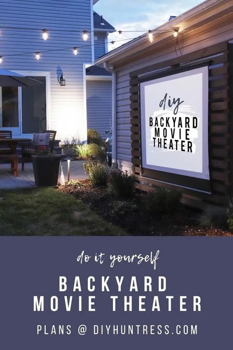 Looking for movie night ideas to make this weekend fun? Check out this backyard idea, a DIY wood movie screen! Follow DIY Huntress for more patio decorating ideas, wood projects, and woodworking tutorials! Diy, Exterior, Theatre, Diy Backyard Movie Theater, Backyard Theater Ideas, Diy Backyard Movie, Outdoor Theater Ideas, Backyard Diy Projects, Backyard Movie Theaters