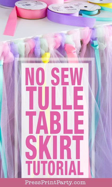 DIY TULLE Table Skirt: How to make a Rainbow, multicolored No Sew tulle table skirt tutorial. Perfect for your unicorn party, princess party, mermaid party, wedding, or baby shower. WITH VIDEO!! Learn how much tulle you need and use ribbons to add color and fun. Pink, purple, mint, yellow. Skirting. By Press Print Party! #unicornparty #tulle #diy #party #decorations Baby Showers, Amigurumi Patterns, Diy, Tulle, Tutus, Tutu Table Skirt Diy, Diy Tulle Skirt, Diy Tulle, Diy Table Skirts