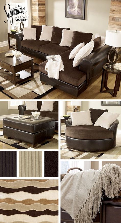 Sectionals - Living Room Furniture - Brown and Cream White Tan - Victory Sofa Sectional - Home Décor, Leather Living Room Furniture, Apartment Decor, Living Room Sectional, Inredning, Living Room Sofa, New Living Room, Decoracion De Interiores, Trendy Living Rooms