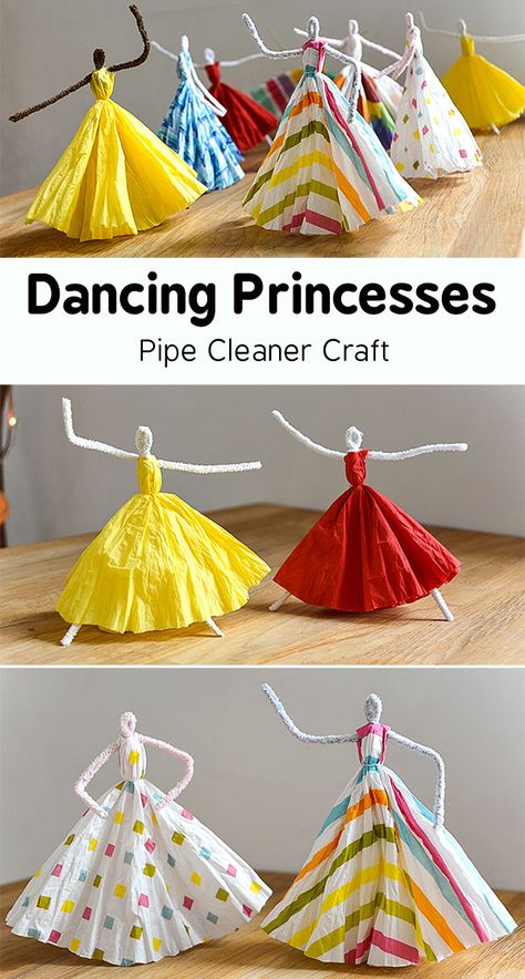 Dancing Princesses Pipe Cleaner Craft - Blue Bear Wood Paper Crafts, Paper Craft, Craft Ideas, Crafts, Diy, Diy Paper, Paper Crafts Diy, Paper Crafting, Craft Activities