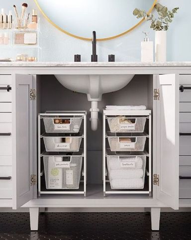 13 Genius Under-the-Sink Organizing Ideas to Maximize Your Storage Inspiration, Interior, Bad, Dekorasyon, Inspo, Dapur, Modern, Small Bathroom, Inredning