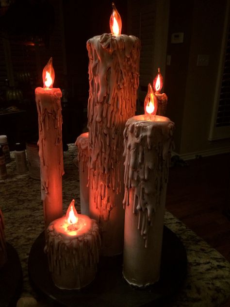 Finished creepy candles! Tela, Twilight Saga, Decoration, Halloween Decorations, Ideas, Halloween, Creepy Candles, Flameless Candle, Candle Light Room