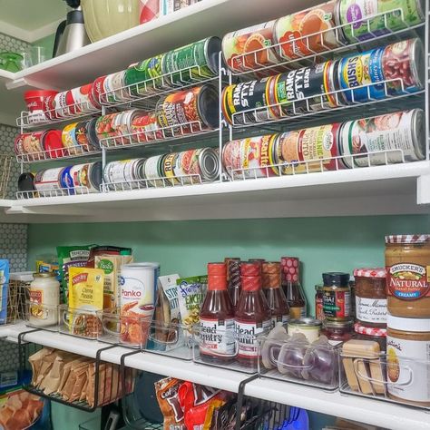 Pantry organization Ideas - racks for cans and clear bins for pantry staples Orlando, Food Storage, Ideas, Larder, Pantry Items, Pantry Storage, Pantry Staples, Pantry Staples List, Pantry