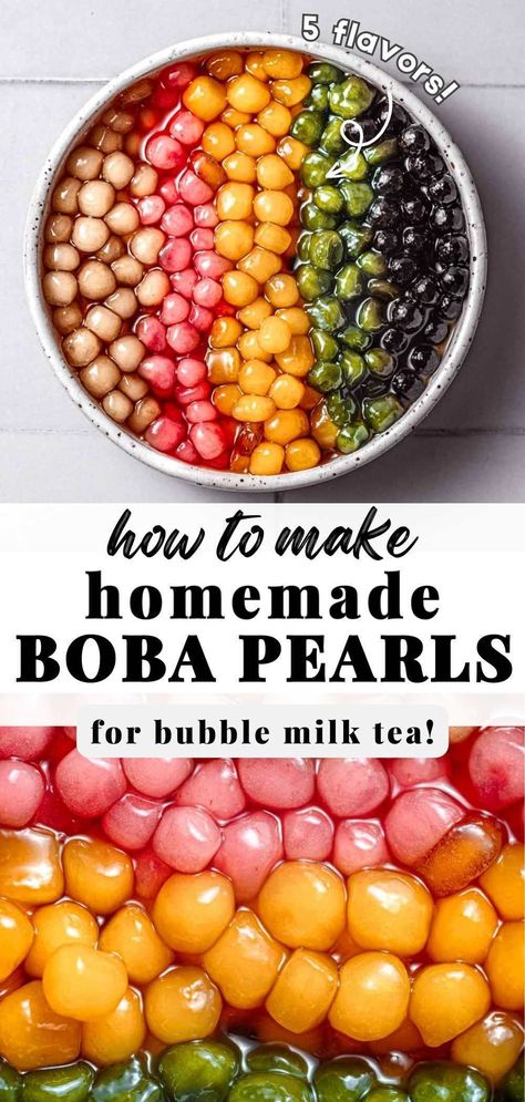 Looking to learn how to make tapioca pearls (or boba balls) from scratch? This recipe will show you how to make homemade boba pearls that are chewy and sweet, making them a fantastic addition to your bubble tea or milk tea. It also features 5 delicious boba flavors: brown sugar, matcha, mango, strawberry, and peach.Plus, I’ve included step-by-step photos and a video, so your first time making DIY boba at home goes as smooth as possible! Paleo, Dessert, Smoothies, Easy Bubble Tea Recipe, Boba Tapioca Pearls, Bubble Tea Pearls, Boba Pearls, Bubble Tea Homemade, How To Make Boba