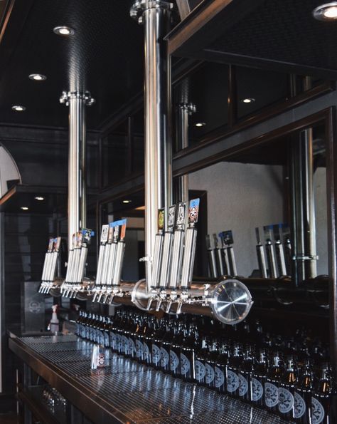 Custom, ceiling mounted, draft beer tower installed at Boneyard Brewing Company in Bend, Oregon Draft Beer Bar, Beer Bar Design, Bar Set Up, Draft Beer Tower, Beer Bar, Sport Bar Design, Beer Tower, Bar Design, Beer Dispenser