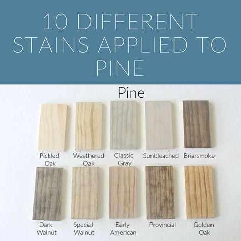 A stain reference guide for the top 10 stains from light to dark that have been applied on pine.  #stain #woodstain #pickledoak #minwax #varathane #homeproject #woodworking Different Stains On Pine, How To Stain Pine To Look Like White Oak, How To Stain Pine Wood, Best Stain For Pine Wood, Stain On Pine, Light Stains For Wood, Pine Hardwood Floors Stains, Staining Pine To Look Like White Oak, Stain On Yellow Pine